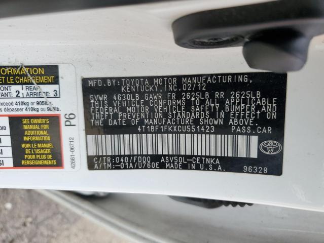 4T1BF1FKXCU551423 - 2012 TOYOTA CAMRY BASE WHITE photo 12