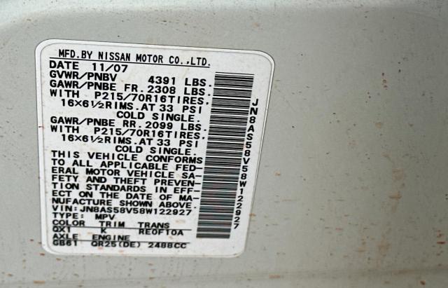 JN8AS58V58W122927 - 2008 NISSAN ROGUE S WHITE photo 10