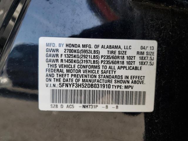 5FNYF3H52DB031910 - 2013 HONDA PILOT EXL BLACK photo 12