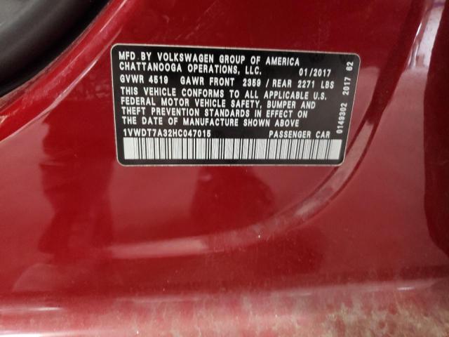 1VWDT7A32HC047015 - 2017 VOLKSWAGEN PASSAT R-LINE ბურგუნდია ფოტო 12