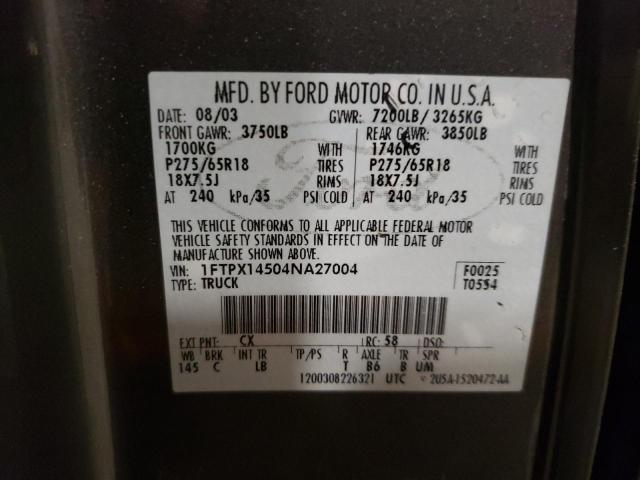 1FTPX14504NA27004 - 2004 FORD F150 GRAY photo 12