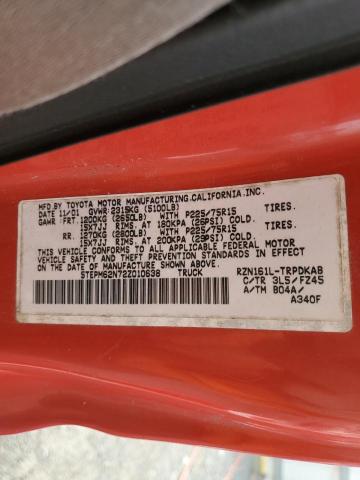 5TEPM62N72Z010638 - 2002 TOYOTA TACOMA RED photo 13