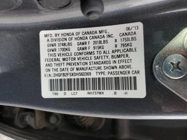 2HGFB2F5XDH560369 - 2013 HONDA CIVIC LX CHARCOAL photo 12