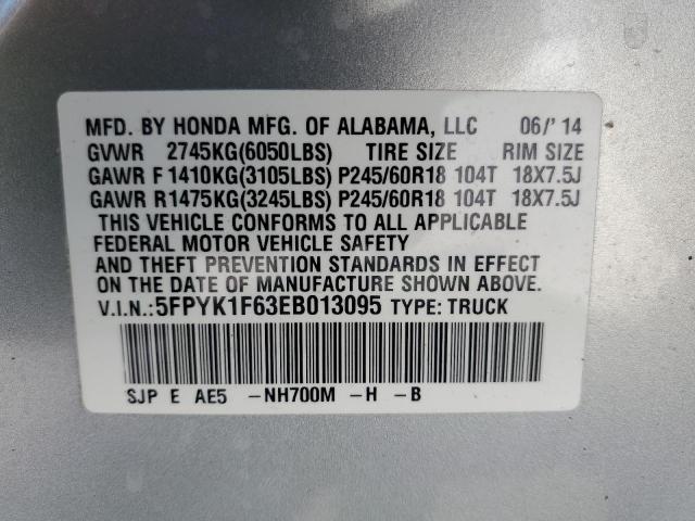 5FPYK1F63EB013095 - 2014 HONDA RIDGELINE RTL-S SILVER photo 12