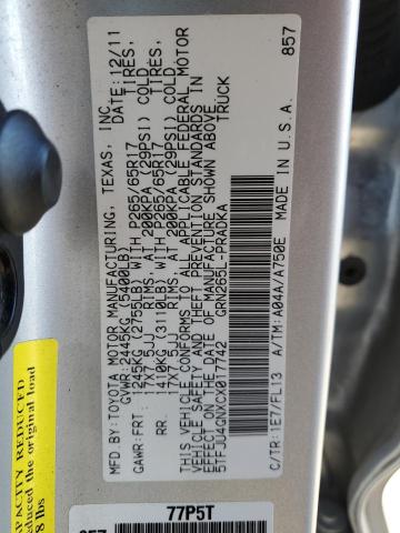 5TFJU4GNXCX017742 - 2012 TOYOTA TACOMA DOUBLE CAB PRERUNNER SILVER photo 13