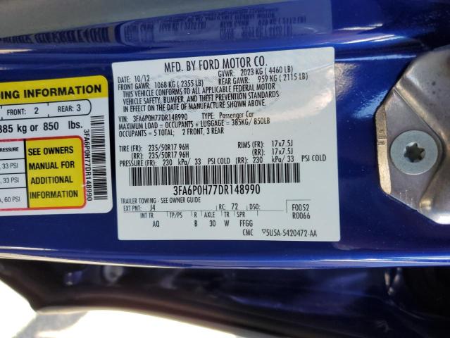 3FA6P0H77DR148990 - 2013 FORD FUSION SE BLUE photo 12