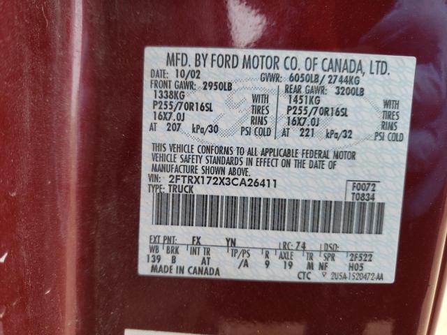 2FTRX172X3CA26411 - 2003 FORD F150 RED photo 12