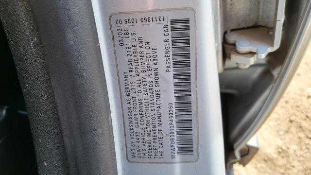 WVWPD63B12P433260 - 2002 VOLKSWAGEN PASSAT GLS SILVER photo 10