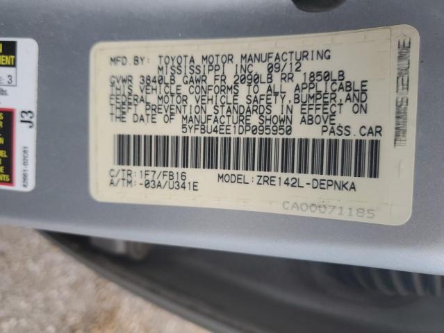 5YFBU4EE1DP095950 - 2013 TOYOTA COROLLA BASE SILVER photo 12