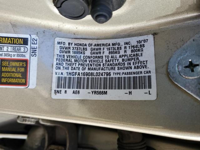 1HGFA16908L024796 - 2008 HONDA CIVIC EXL ოქროსფერი ფოტო 12