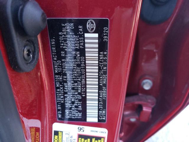 4T1C11BK0LU019400 - 2020 TOYOTA CAMRY LE RED photo 12