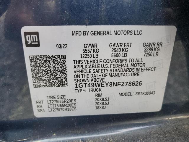 1GT49WEY8NF278626 - 2022 GMC SIERRA K3500 DENALI BLUE photo 12