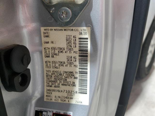 1N6ED0CF6LN710258 - 2020 NISSAN FRONTIER S SILVER photo 12