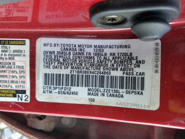 2T1BR38E94C264863 - 2004 TOYOTA COROLLA CE RED photo 12