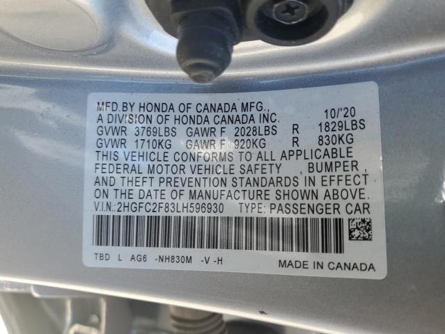 2HGFC2F83LH596930 - 2020 HONDA CIVIC SPORT 银色 照片 12