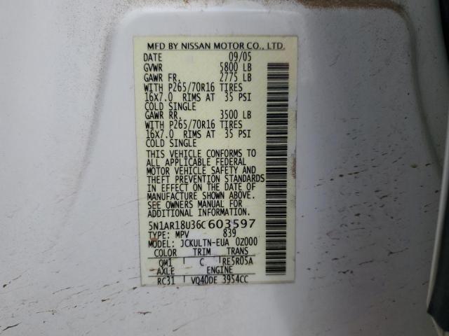 5N1AR18U36C603597 - 2006 NISSAN PATHFINDER LE WHITE photo 13