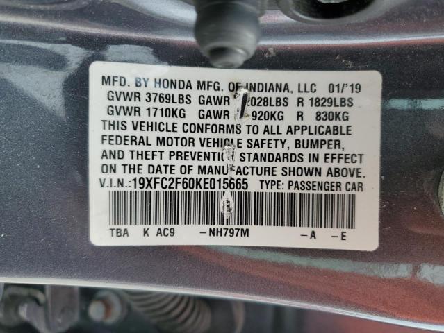 19XFC2F60KE015665 - 2019 HONDA CIVIC LX GRAY photo 12