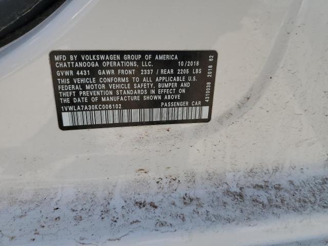 1VWLA7A30KC006102 - 2019 VOLKSWAGEN PASSAT WOLFSBURG 白色 照片 12