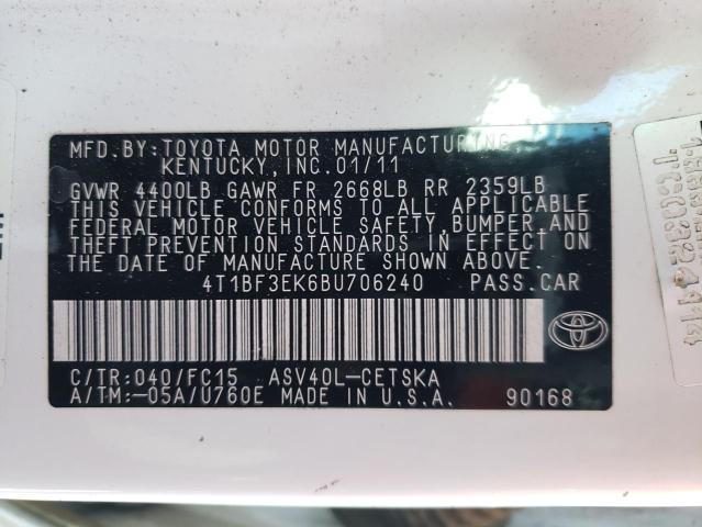 4T1BF3EK6BU706240 - 2011 TOYOTA CAMRY BASE WHITE photo 12