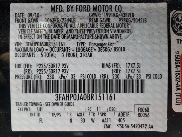 3FAHP0JA0BR151161 - 2011 FORD FUSION SEL BLACK photo 12