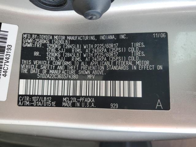 5TDZA22C36S574380 - 2006 TOYOTA SIENNA XLE SILVER photo 12