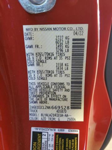 1N6ED1CL2NN669528 - 2022 NISSAN FRONTIER S RED photo 12