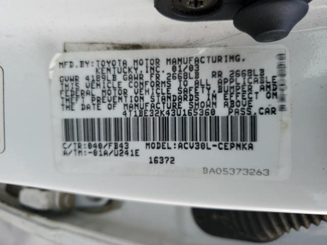 4T1BE32K43U165360 - 2003 TOYOTA CAMRY LE WHITE photo 12