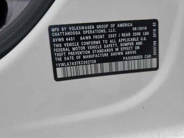 1VWLA7A37KC002726 - 2019 VOLKSWAGEN PASSAT WOLFSBURG WHITE photo 13