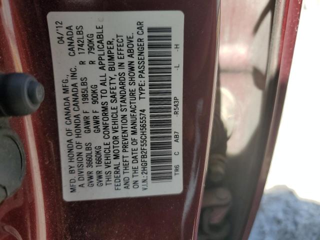 2HGFB2F55CH565574 - 2012 HONDA CIVIC LX BURGUNDY photo 12