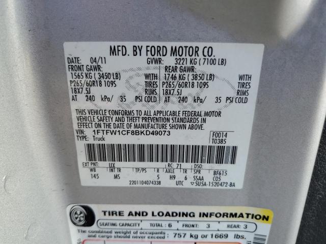 1FTFW1CF8BKD49073 - 2011 FORD F150 SUPERCREW SILVER photo 12