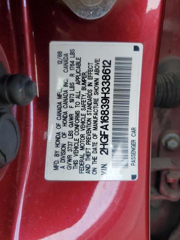 2HGFA16839H338612 - 2009 HONDA CIVIC EX RED photo 12