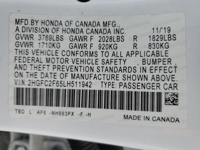 2HGFC2F65LH511942 - 2020 HONDA CIVIC LX WHITE photo 12