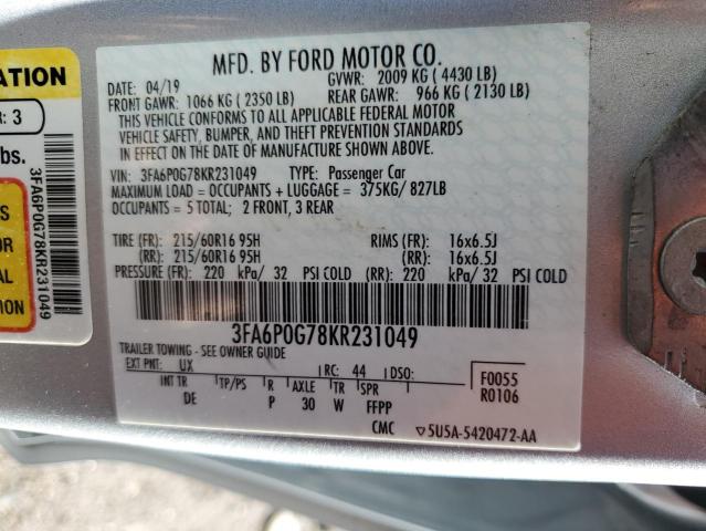 3FA6P0G78KR231049 - 2019 FORD FUSION S SILVER photo 12