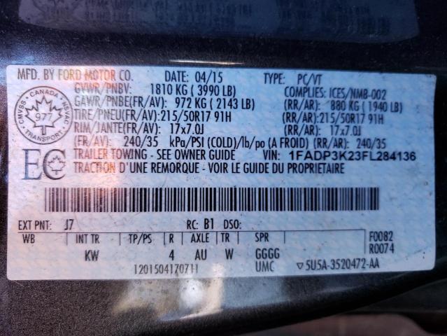 1FADP3K23FL284136 - 2015 FORD FOCUS SE GRAY photo 12