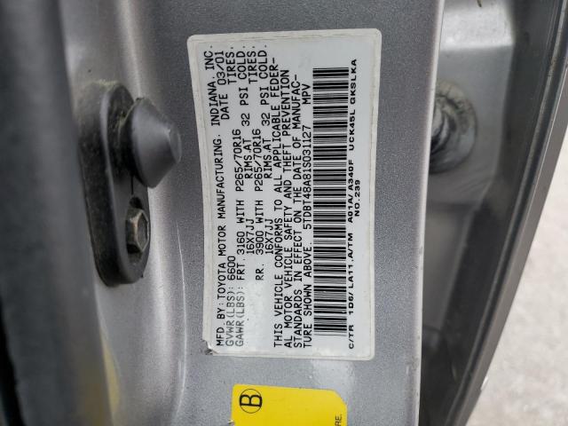 5TDBT48A81S031127 - 2001 TOYOTA SEQUOIA LIMITED SILVER photo 13
