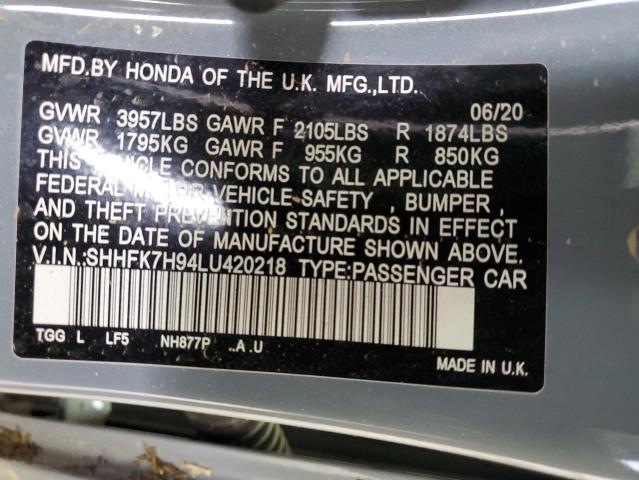 SHHFK7H94LU420218 - 2020 HONDA CIVIC SPORT TOURING BLUE photo 13