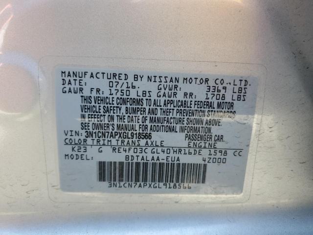 3N1CN7APXGL918566 - 2016 NISSAN VERSA S SILVER photo 13