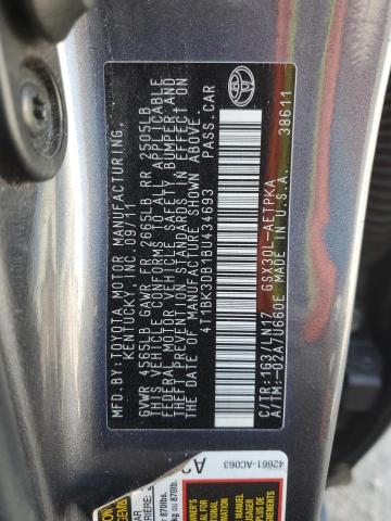 4T1BK3DB1BU434693 - 2011 TOYOTA AVALON BASE GRAY photo 13
