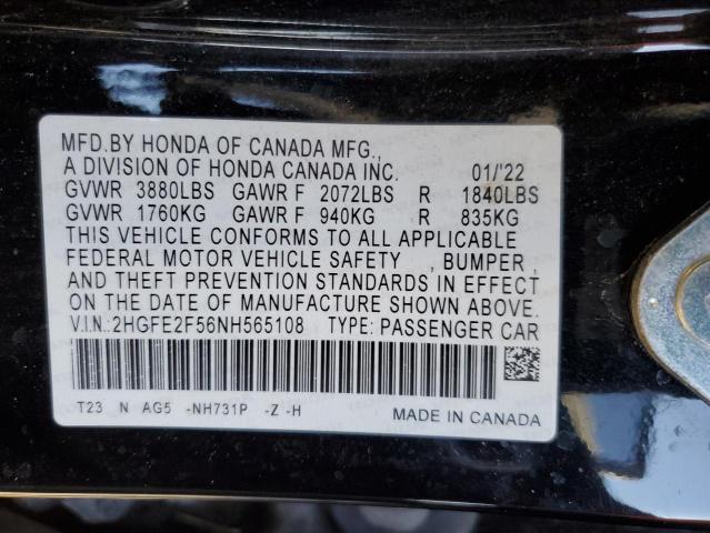 2HGFE2F56NH565108 - 2022 HONDA CIVIC SPORT BLACK photo 12