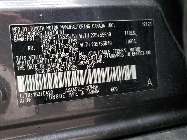 2T3C1RFV7MC170893 - 2021 TOYOTA RAV4 XLE PREMIUM CHARCOAL photo 12