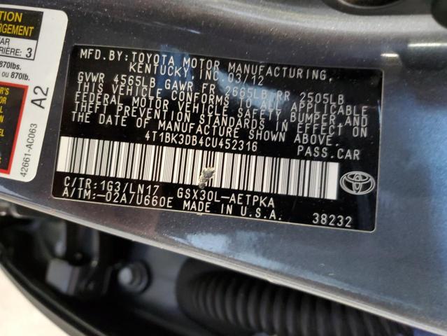 4T1BK3DB4CU452316 - 2012 TOYOTA AVALON BASE GRAY photo 13