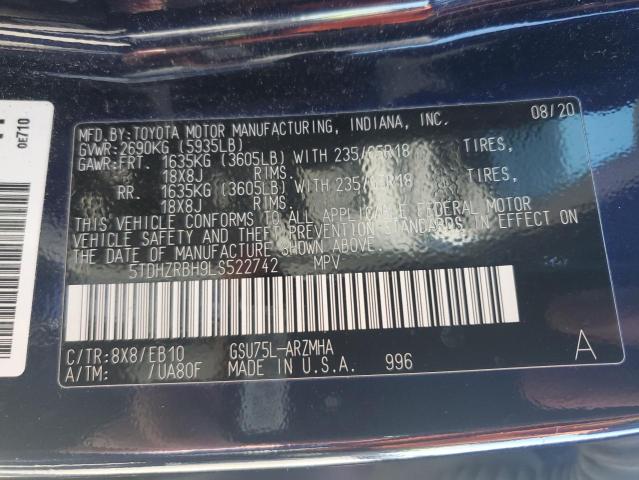 5TDHZRBH9LS522742 - 2020 TOYOTA HIGHLANDER XLE 蓝色 照片 13