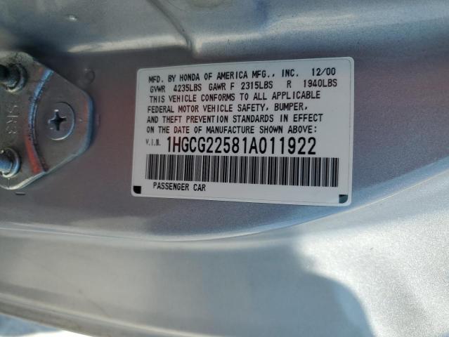 1HGCG22581A011922 - 2001 HONDA ACCORD EX SILVER photo 12