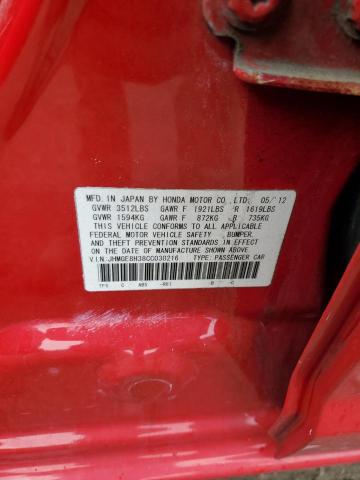 JHMGE8H38CC030216 - 2012 HONDA FIT RED photo 12