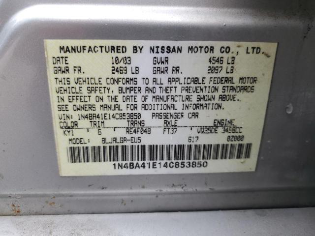 1N4BA41E14C853850 - 2004 NISSAN MAXIMA SE SILVER photo 12