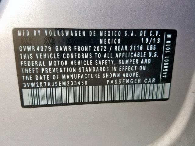 3VW2K7AJ9EM233458 - 2014 VOLKSWAGEN JETTA BASE  photo 10