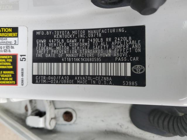 4T1B11HK1KU680595 - 2019 TOYOTA CAMRY L WHITE photo 13