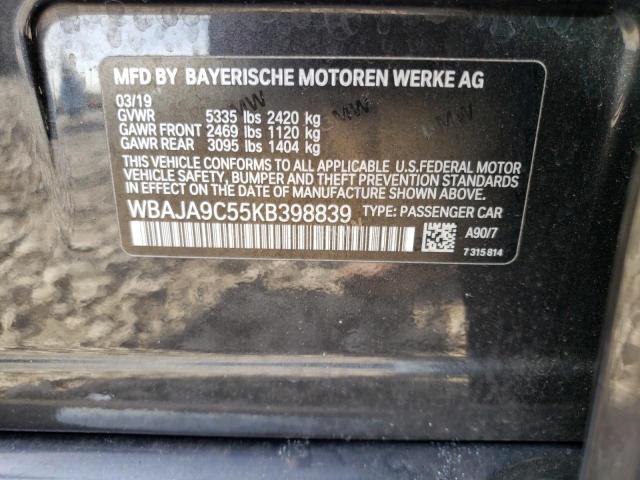 WBAJA9C55KB398839 - 2019 BMW 530E BLACK photo 12