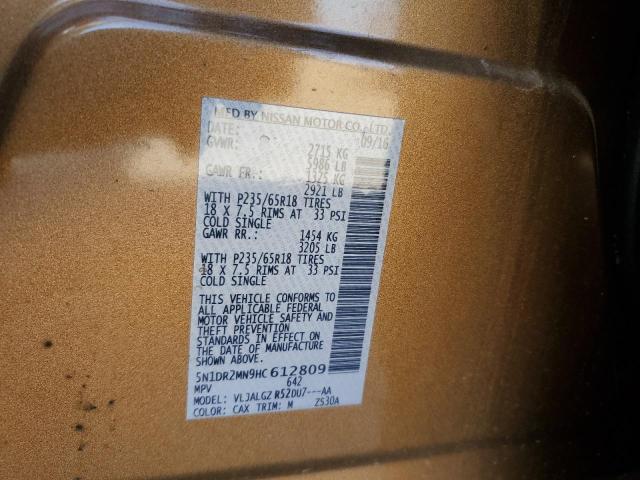 5N1DR2MN9HC612809 - 2017 NISSAN PATHFINDER S 金色 照片 12