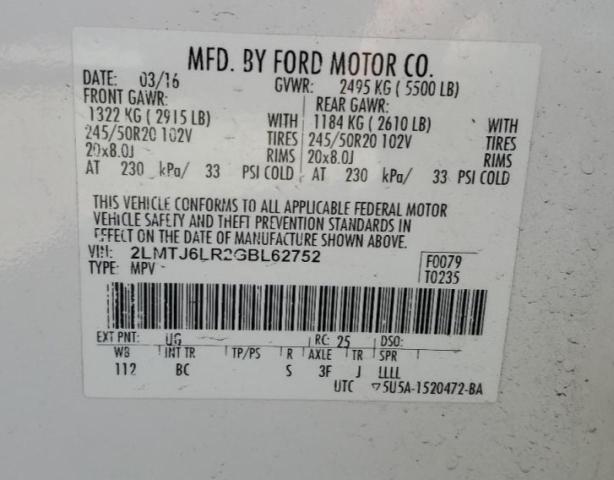 2LMTJ6LR2GBL62752 - 2016 LINCOLN MKX RESERVE Ақ фото 12